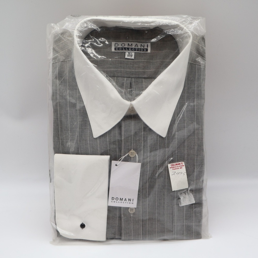 Domani Collection Dress Shirt Mens 16.5 34/35 Grey Grid French Cuff Contrast